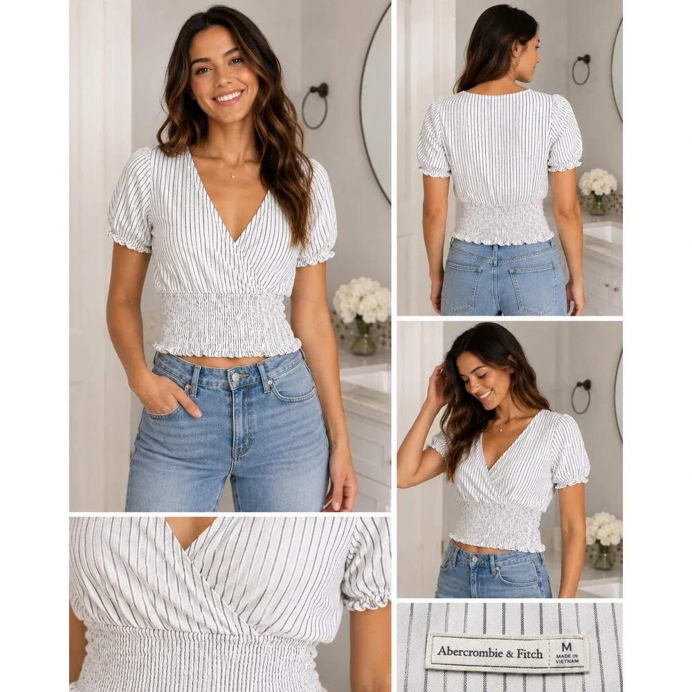Abercrombie & Fitch Top Womens Medium White Blue Stripe Smocked Wrap Crop